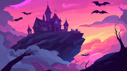 A sinister vampire's castle atop a craggy cliff, surrounded by swirling bats and dramatic stormy skies.