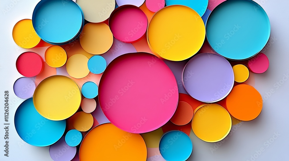 Poster colorful collage of circles with a pink circle in the middle. the circles are of different sizes and