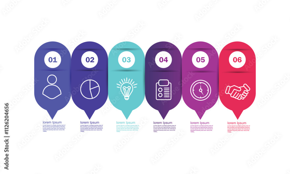 Poster concept of arrow business model with 6 successive steps. six colourful rectangular elements. timelin