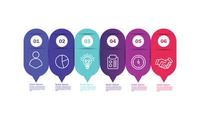 Obraz premium Concept of arrow business model with 6 successive steps. six colourful rectangular elements. Timeline design for brochure, presentation