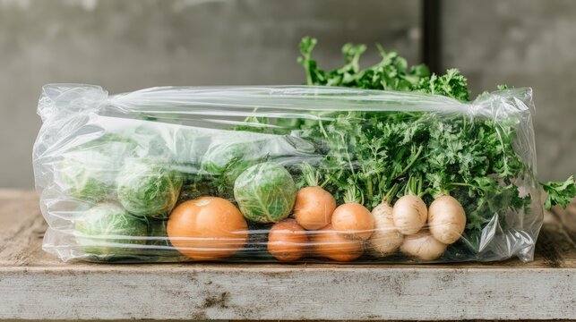 A transparent plastic bag holding assorted vegetables, placed on a farmer's market stall