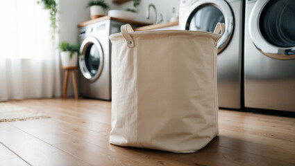 a fabric laundry hamper with a minimalist design, positioned on a wooden floor of a laundry room with a stainless-steel washing machine, hanging plants, and soft morning light.
