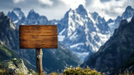 Fototapeta premium A wooden hiking sign with majestic snow-capped mountain peaks in the background, perfect for exploring nature's beauty.