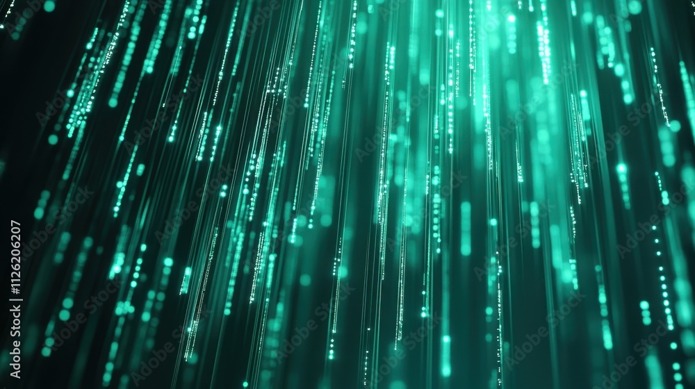 Poster abstract glowing green binary codes falling vertically, with subtle light effects creating a sleek d