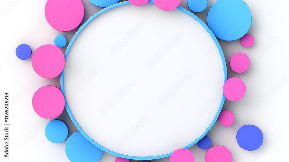 Poster colorful circle with a white background and smaller circles surrounding it. the circle is blue and p