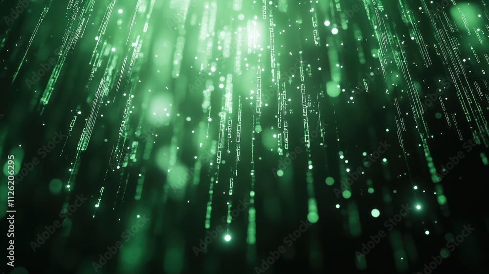 Poster abstract glowing green binary codes falling vertically, with subtle light effects creating a sleek d