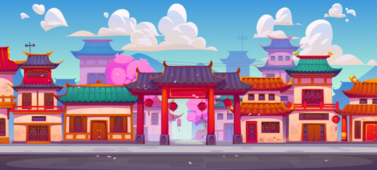 China town landscape. Cartoon vector Chinatown street featuring traditional Chinese buildings, ancient ethnic houses, pagoda temple and gate facades with blooming sakura trees, cultural Asian town © Vector Tradition