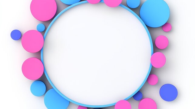 Colorful circle with a white background and smaller circles surrounding it. The circle is blue and pink, while the smaller circles are blue and pink as well. The image has a playful and fun vibe