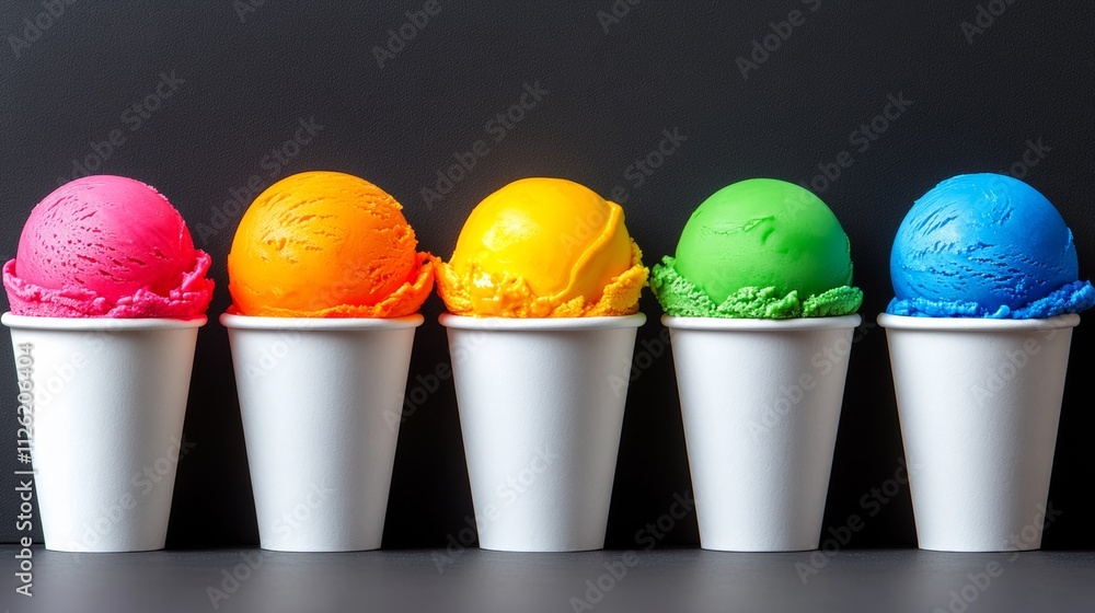 Poster a row of colorful ice cream cups with different flavors. the cups are arranged in a row, with the fi
