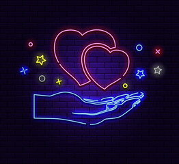 Neon sign Love and care. A luminous sign with a hand with a heart. Modern fashionable design: neon signs, bright night advertising, light banners and installations in the style of light art. Vector
