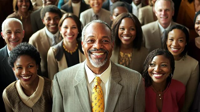 African middle age man standing with other diverse people smiling standing together at city street, multicultural culture