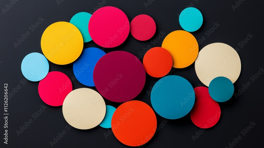 Poster collection of colorful circles on a black background. the circles are of various sizes and colors, c
