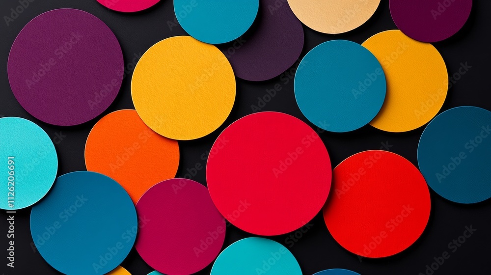 Poster colorful array of circles on a black background. the circles are of different sizes and colors, crea