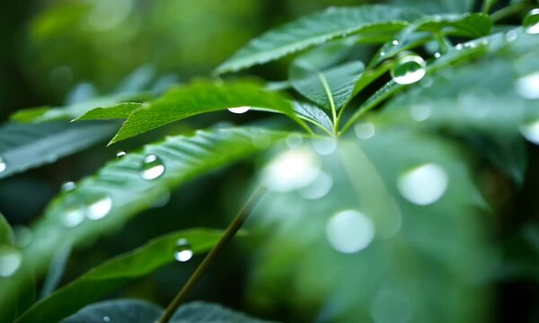 Ultra-Detailed Macro Shot of Raindrops on Leaves