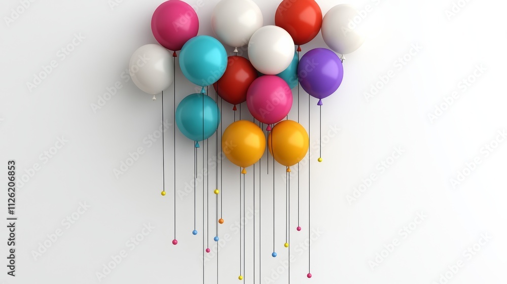Poster bunch of colorful balloons hanging from the ceiling. the balloons are of different colors and sizes,