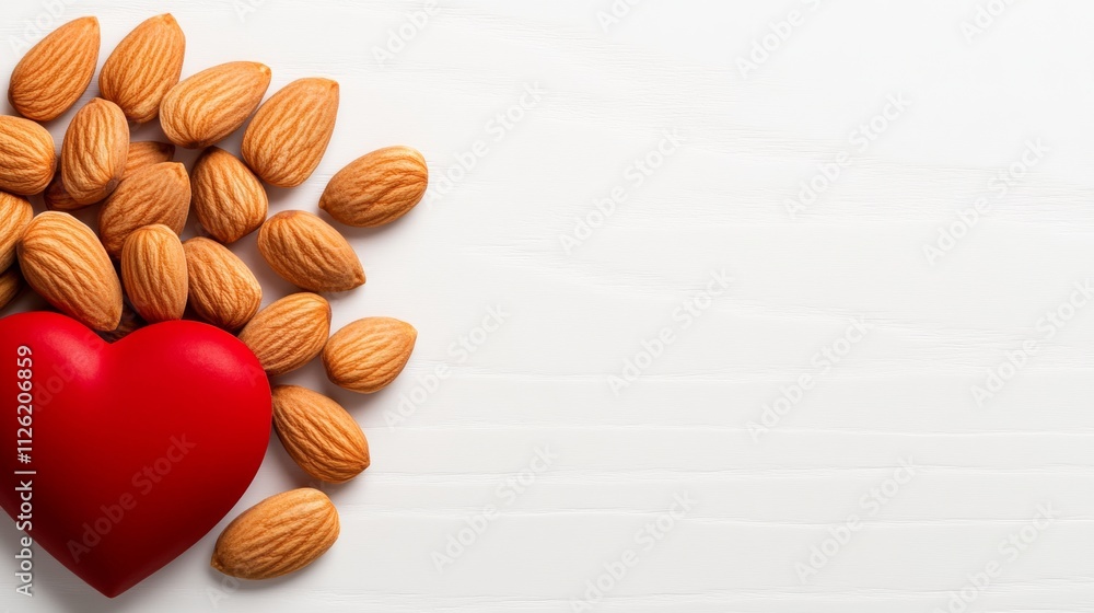Poster a heart made of almonds is placed on a white background. the heart is surrounded by a large number o