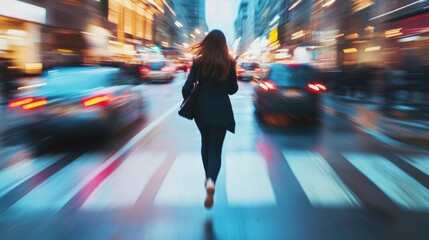 business woman hurry up and running in business city street for rush hour as motion blur