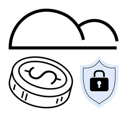 Cloud with dollar coin and shield lock symbolizes financial protection and data security. Ideal for finance, technology, cloud computing, cybersecurity, data storage, online transactions, IT