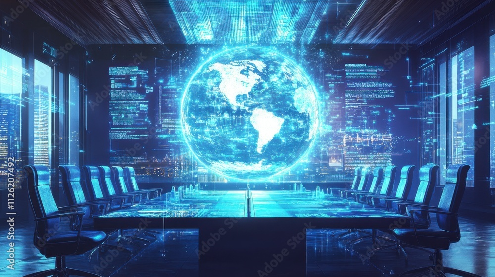 Poster an ar globe display projects data streams, creating a futuristic conference room for global discussi