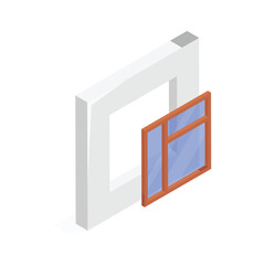 Window installation isometric icon, construction projects and architectural design