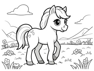 Fototapeta premium Adorable Pony in a Flowery Meadow Coloring Page