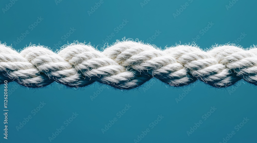 Poster rope is twisted and knotted, with a blue and white color scheme. the rope appears to be made of whit