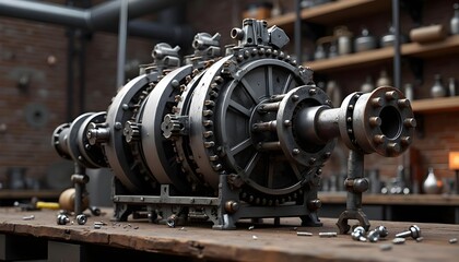 Fototapeta premium Large and small machines, loose nuts, bolts and screws scattered on a wooden workbench, are the basis of an ongoing manual process