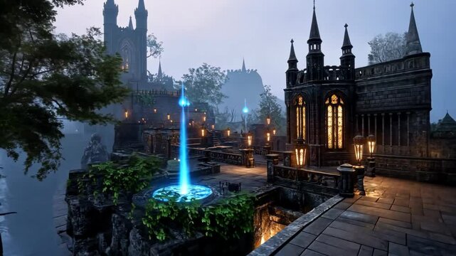 magic world fantasy game scenery , an ancient castle with portal warp point 