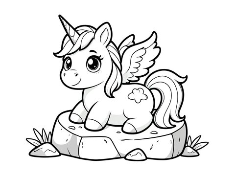 Adorable winged unicorn sitting on a rock, a charming illustration perfect for coloring books, children's storybooks, or fantasy-themed designs.