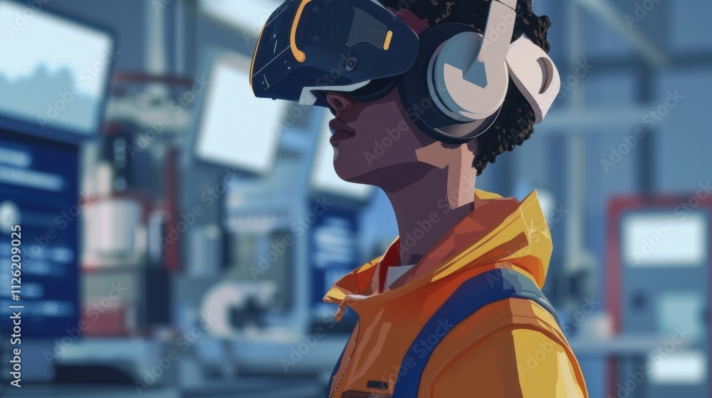 Poster young engineer wearing virtual reality headset exploring innovative production line inside modern fa