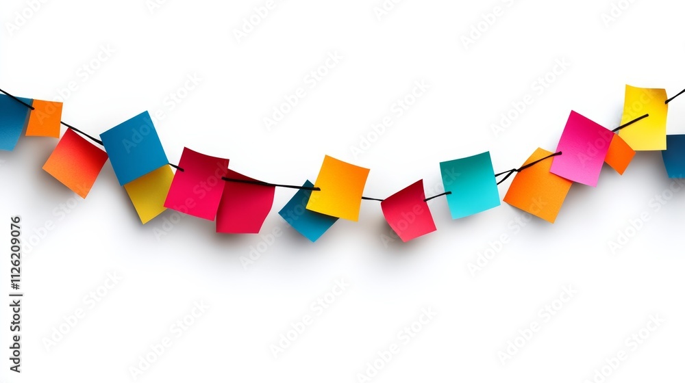 Poster colorful string of paper clips hanging from a white background. the paper clips are of different col