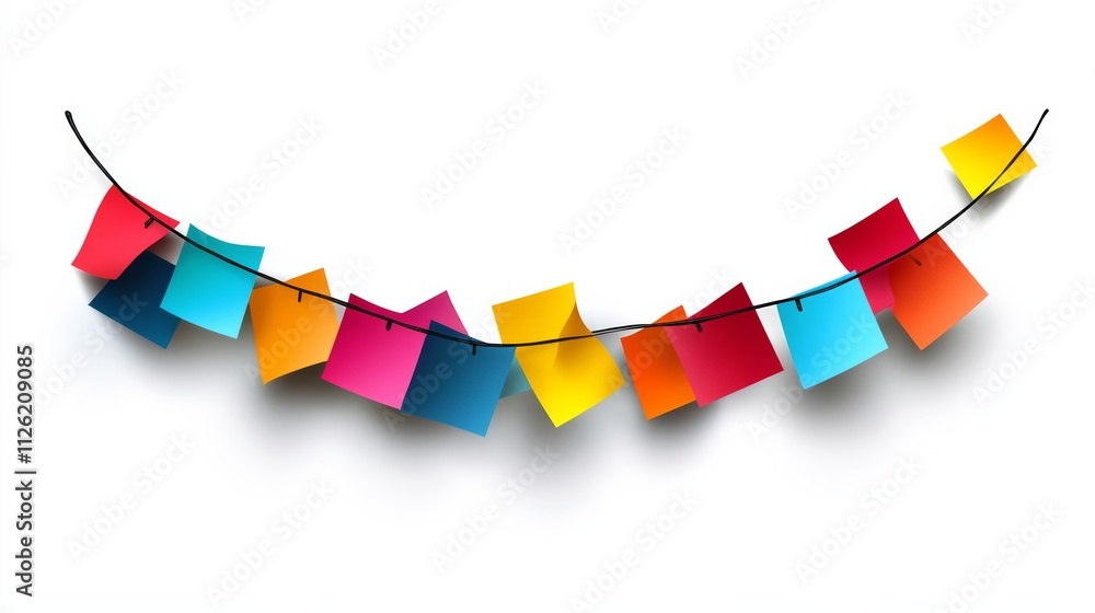 Poster colorful string of paper clips hanging from a line. the paper clips are of different colors and size