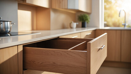 Fototapeta premium a partially open wooden kitchen drawer with a smooth oak finish. The background shows a softly blurred modern kitchen with morning sunlight streaming through a window, casting warm golden tones.