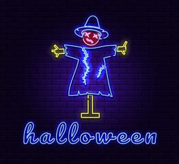 Neon sign Scarecrow. The illuminated sign of Scarecrow. Modern fashionable design: neon signs, bright night advertising, light banners and installations in the style of light art. Vector illustration.