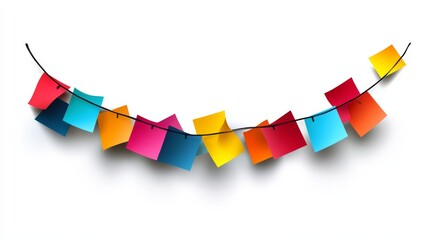 Colorful string of paper clips hanging from a line. The paper clips are of different colors and sizes, and they are arranged in a way that creates a sense of movement and energy