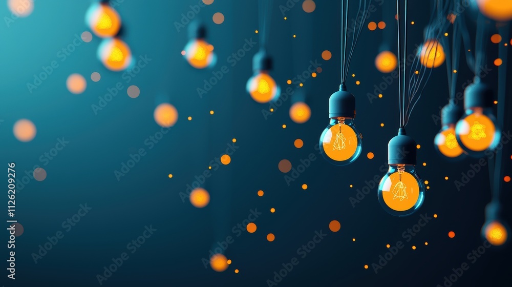 Poster a tangled web of interconnected lightbulbs, each representing a different idea, gradually brightenin