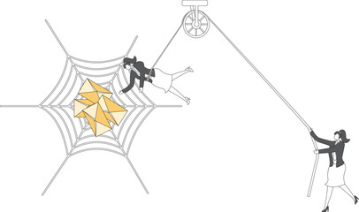 Mail and traps, spam, phishing emails, marketing pitches, businesswomen walking on cobwebs and looking uncertainly at cobwebbed email messages