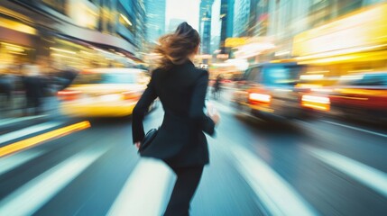 business woman hurry up and running in business city street for rush hour as motion blur