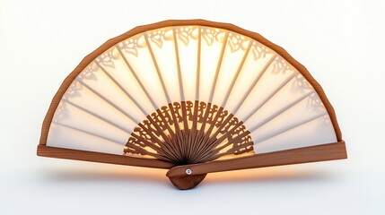  Product design, fan-shaped wall lamp made of wood and fabric with translucent LED lights on the inside, white background, front view, simple style
