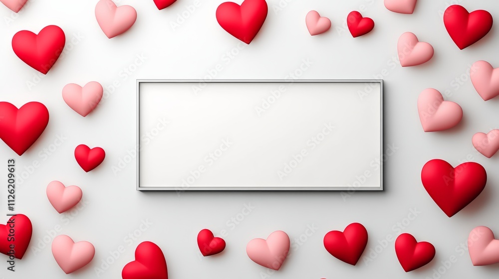 Poster white frame with a red heart in the middle surrounded by many other red hearts. the frame is empty a