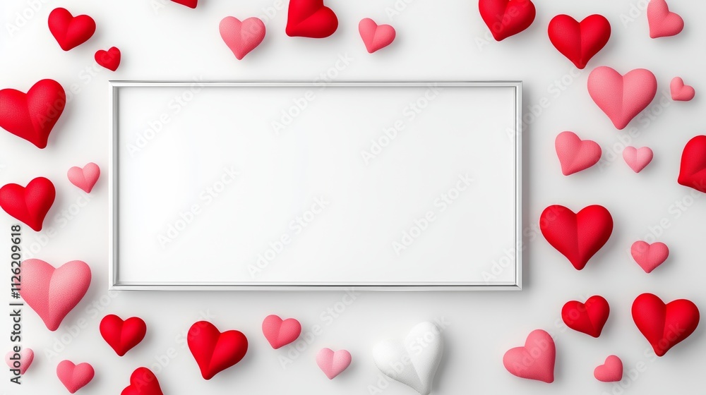 Poster white frame with a red heart in the middle surrounded by many other red hearts. the frame is empty a