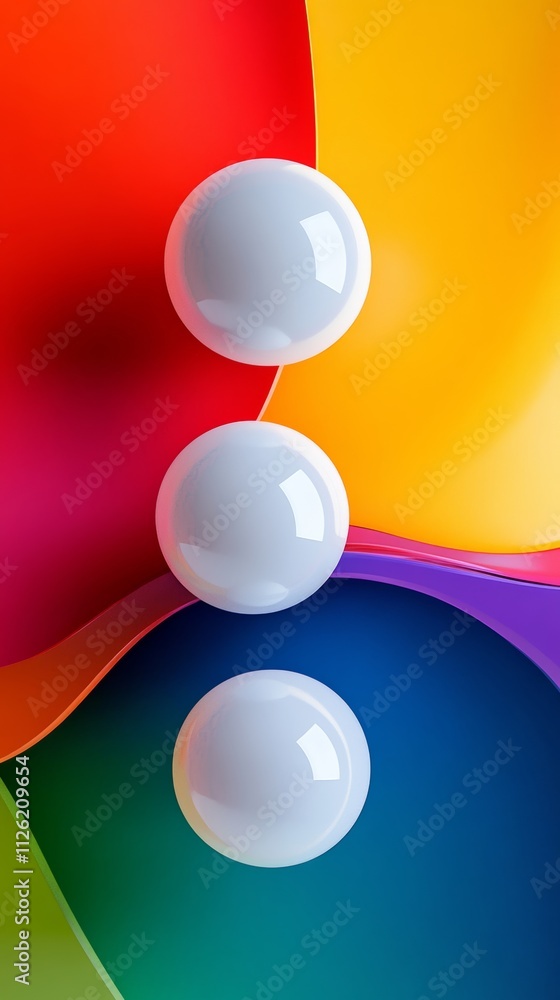 Poster three white spheres are displayed on a colorful background. the spheres are arranged in a way that t