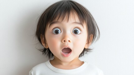 Asian child with wide, sparkling eyes in a moment of awe and curiosity, captured against a clean and minimalistic background.