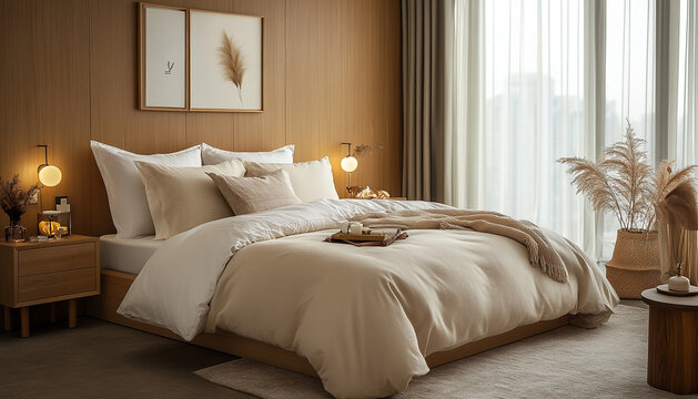 Minimalist bedroom with plush neutral bedding and light wood accents. Warm ambiance