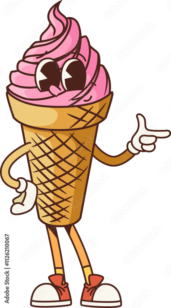 Poster Groovy fast food ice cream cone retro cartoon character with funny face, vector emoji. Groovy ice cream dessert in wafer or gelato in waffle cone for fast food dessert or kids menu cartoon character