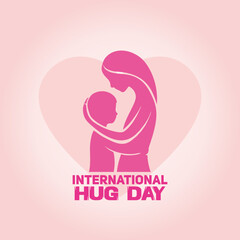 International Hug Day. January 21. Happy hug day background. Cartoon Vector illustration template for poster, banner, flyer, greeting card, cover, post. Silhouette of adult hugging child. Pink heart 