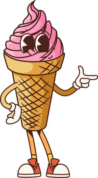 Naklejki Groovy fast food ice cream cone retro cartoon character with funny face, vector emoji. Groovy ice cream dessert in wafer or gelato in waffle cone for fast food dessert or kids menu cartoon character