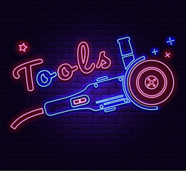 Neon sign Tools. The illuminated sign of Tools. Modern fashionable design: neon signs, bright night advertising, light banners and installations in the style of light art. Vector illustration