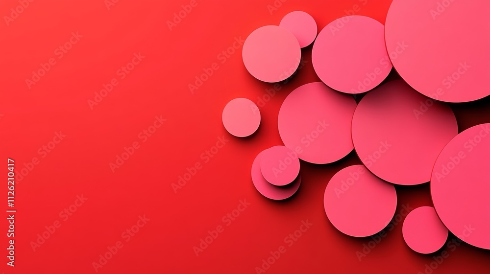 Poster red background with a bunch of pink circles. the circles are arranged in a way that they look like t