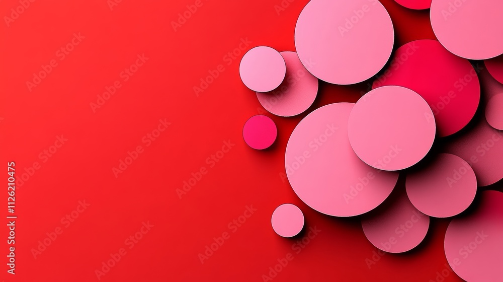 Poster red background with pink circles on it. the circles are of different sizes and are scattered all ove
